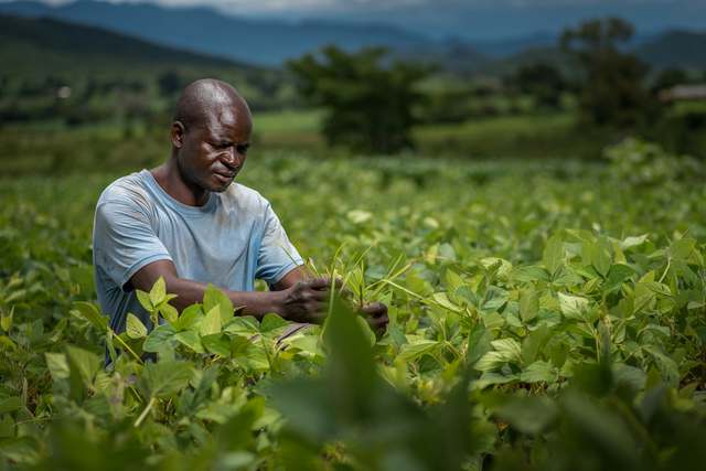A farmer looking closely at the leaves of his crop.